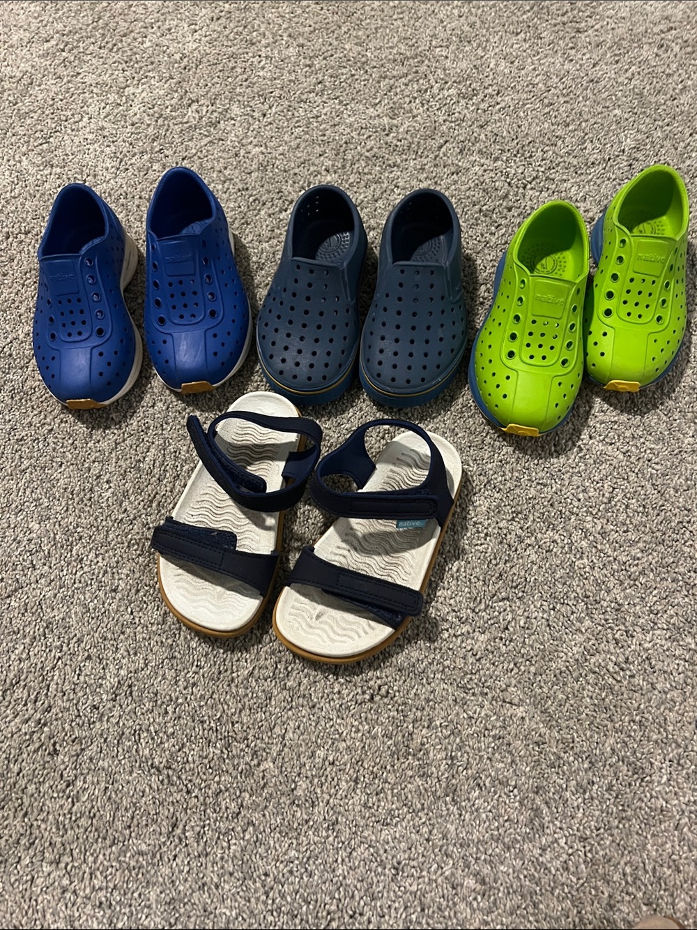 Native Kids Water Shoes and Sandals in Bright Blue, Navy, and Lime